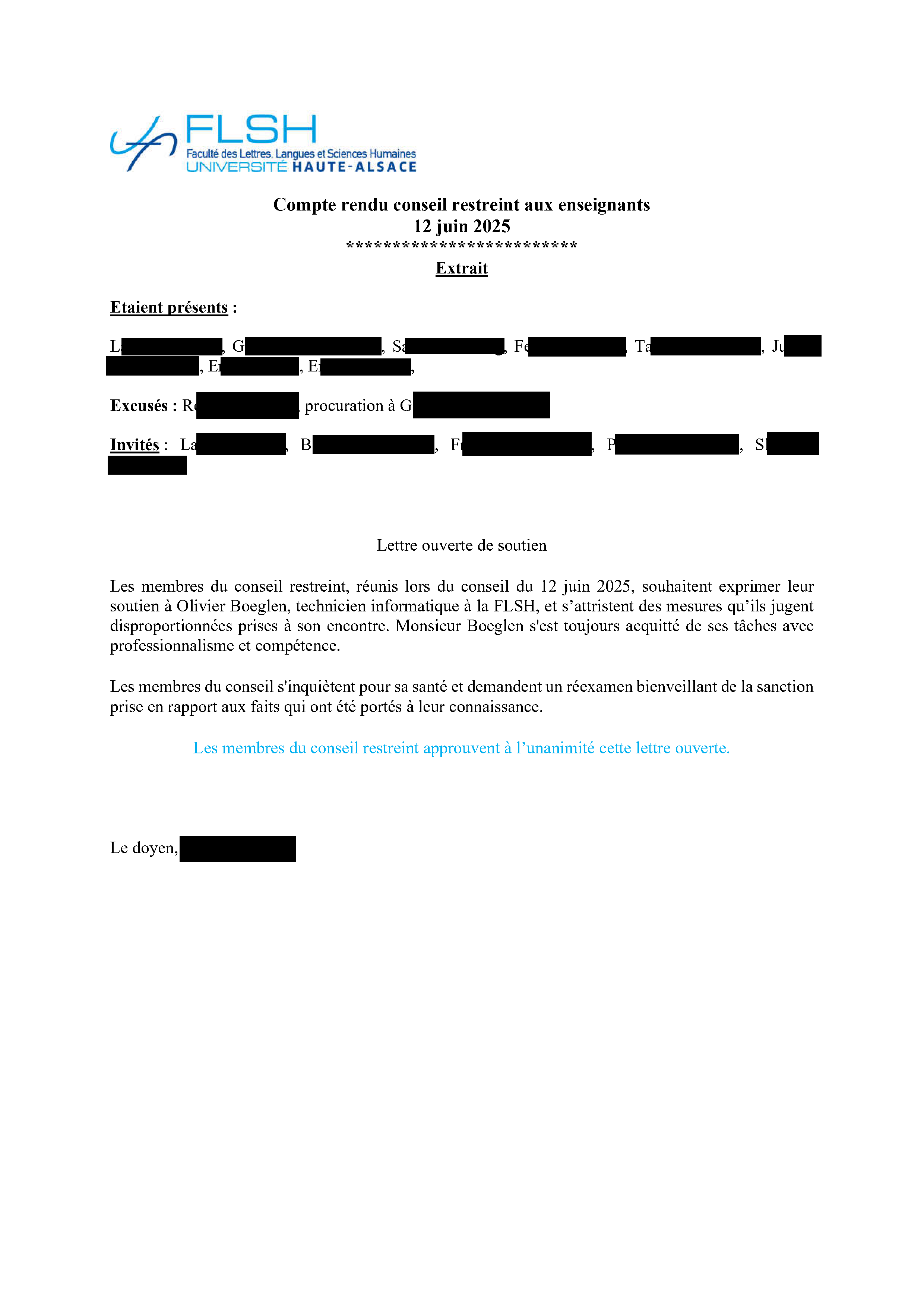 Extrait du courrier de soutien du conseil de la faculté, 12 juin 2025
