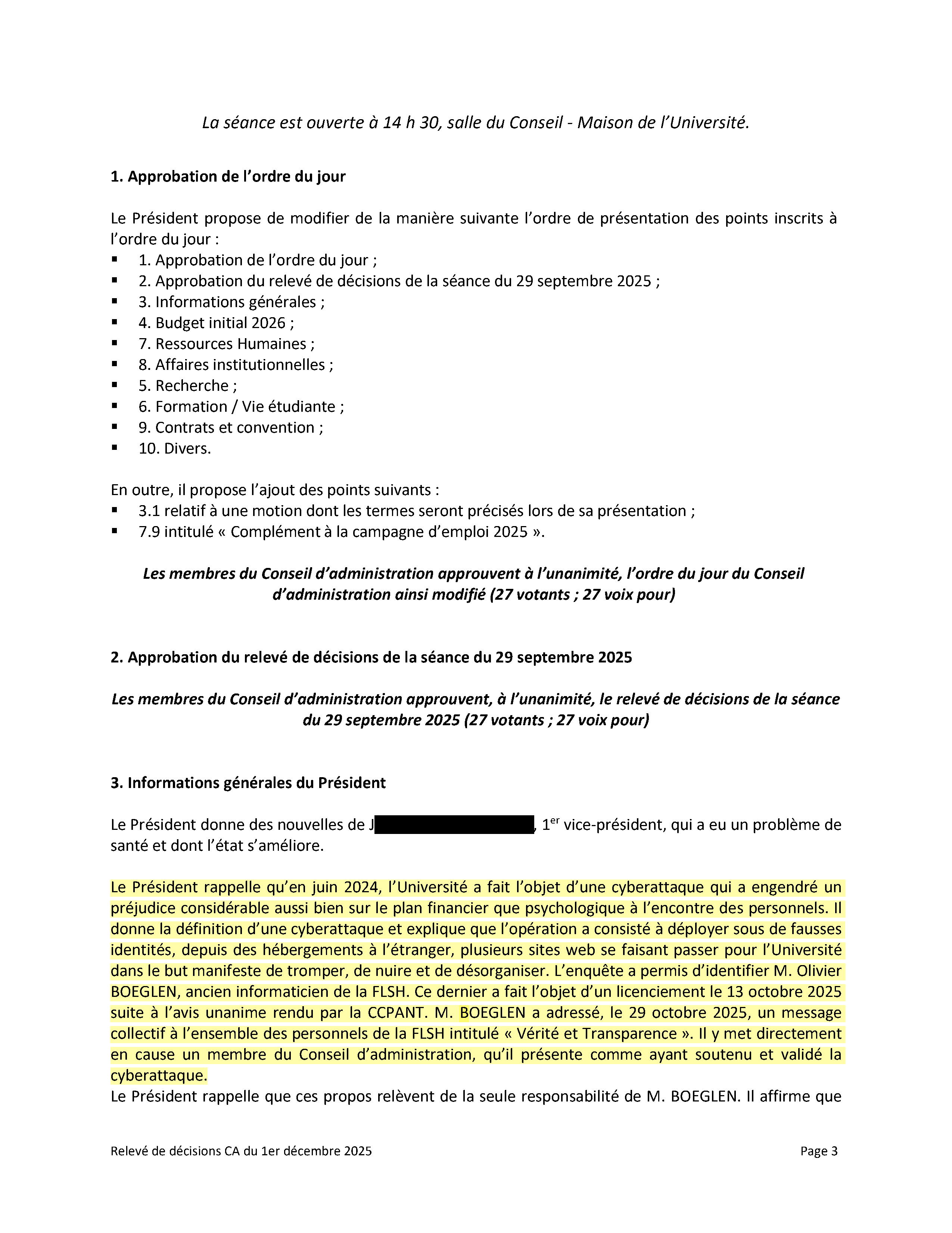 Extrait du compte rendu du conseil d'administration de l'Université de Haute-Alsace