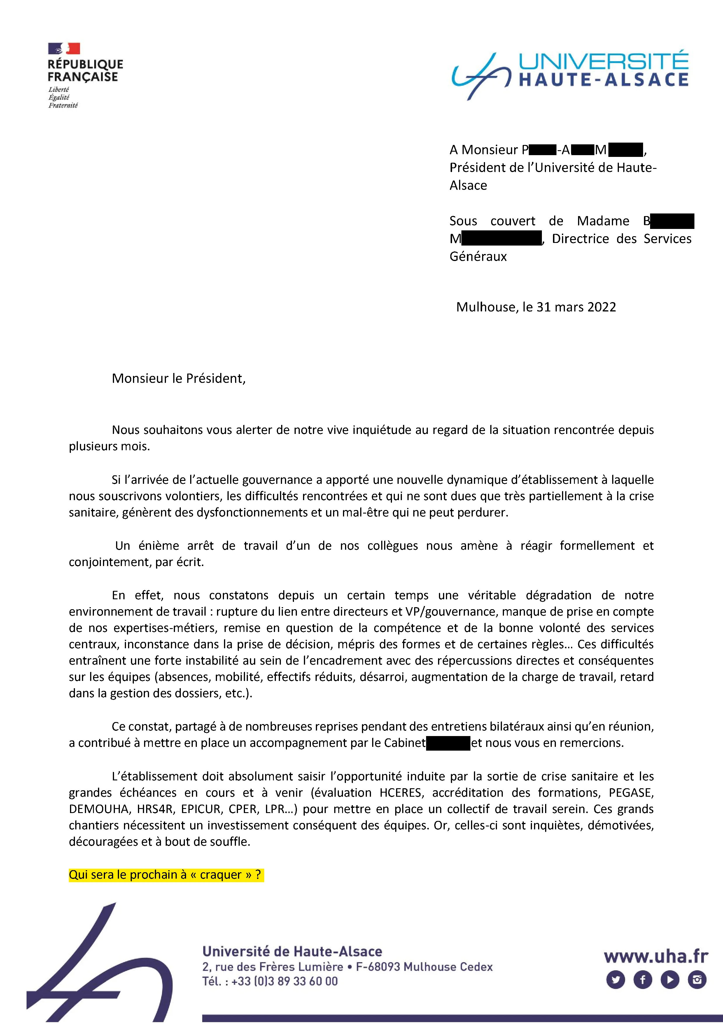 Courrier des directeurs de services au président de l'UHA, mars 2022