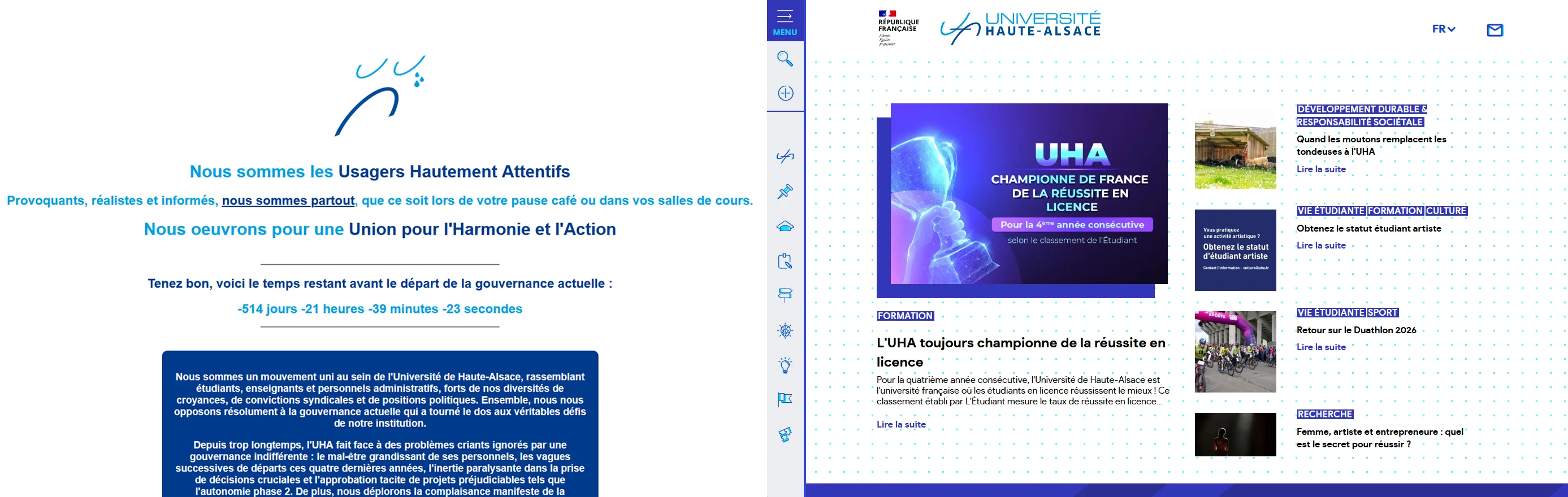 Comparaison entre le site satirique UHA 2024 (à gauche) et le site officiel de l'Université de Haute-Alsace (à droite)